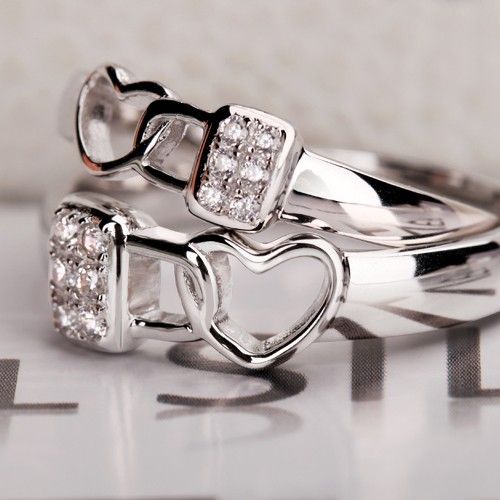 Romantique `` Lock Heart '' En Argent Sterling 925 Avec Anneaux De Couple Plaqués Platine